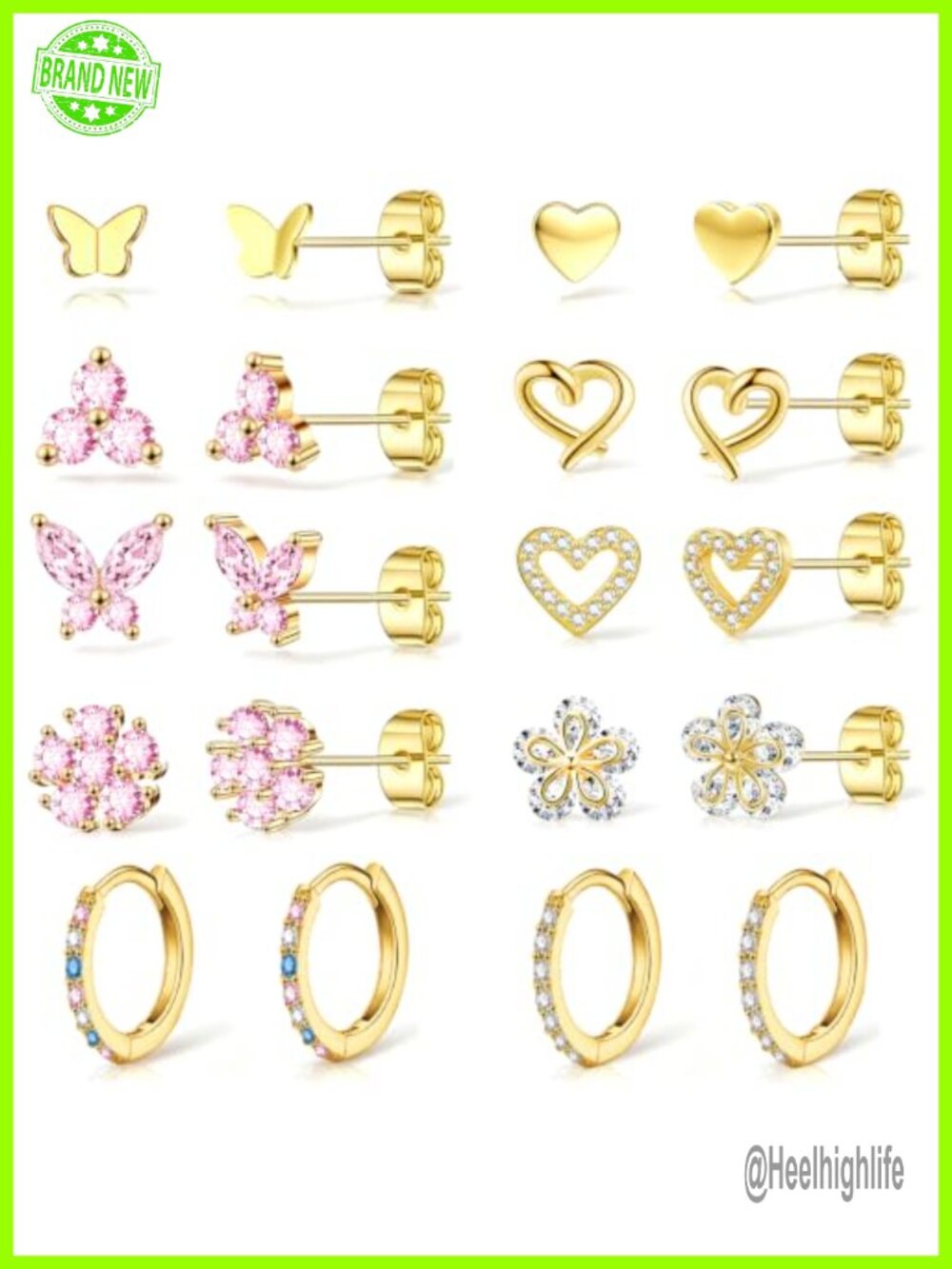 Gold Plated Stud Earring Set 14k Small CZ Huggie Hoops for Women